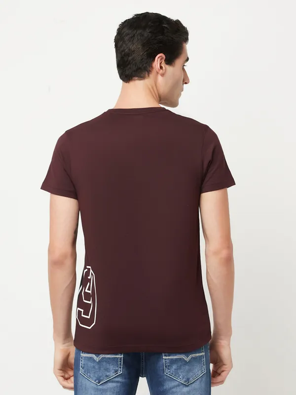 Octave Men Burgundy  Black Printed Cotton T-shirt