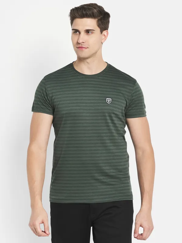 Octave Men Olive Green Striped Applique T-shirt