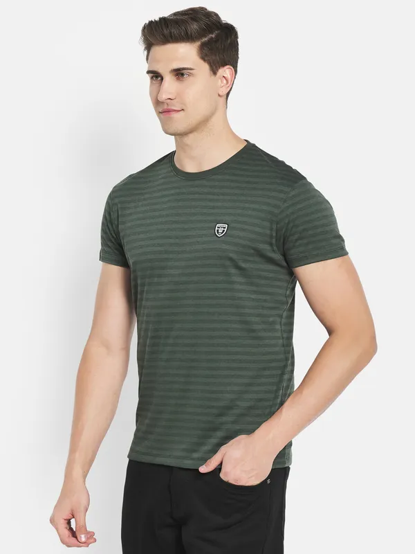 Octave Men Olive Green Striped Applique T-shirt