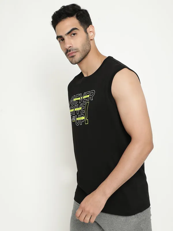 Octave Typography Printed Sleeveless Cotton T-shirt