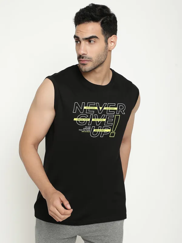 Octave Typography Printed Sleeveless Cotton T-shirt