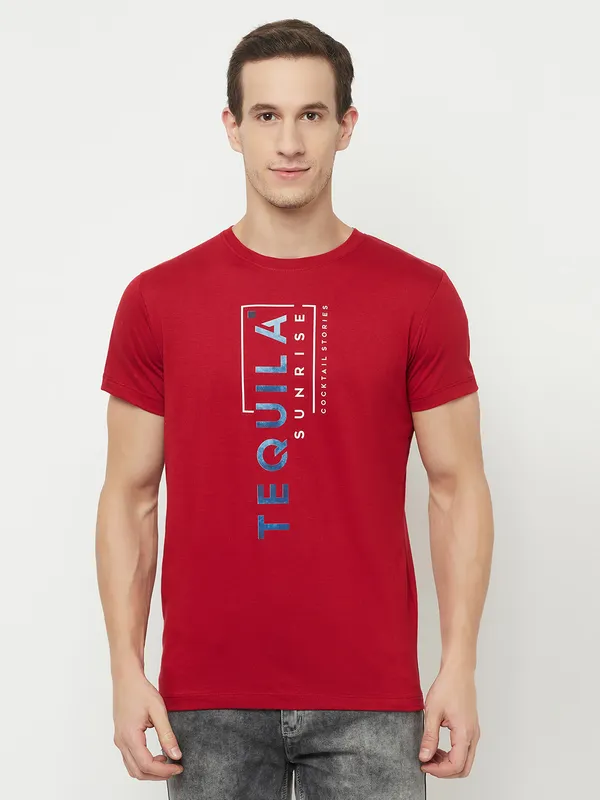 Octave Men Maroon Typography Printed Applique T-shirt