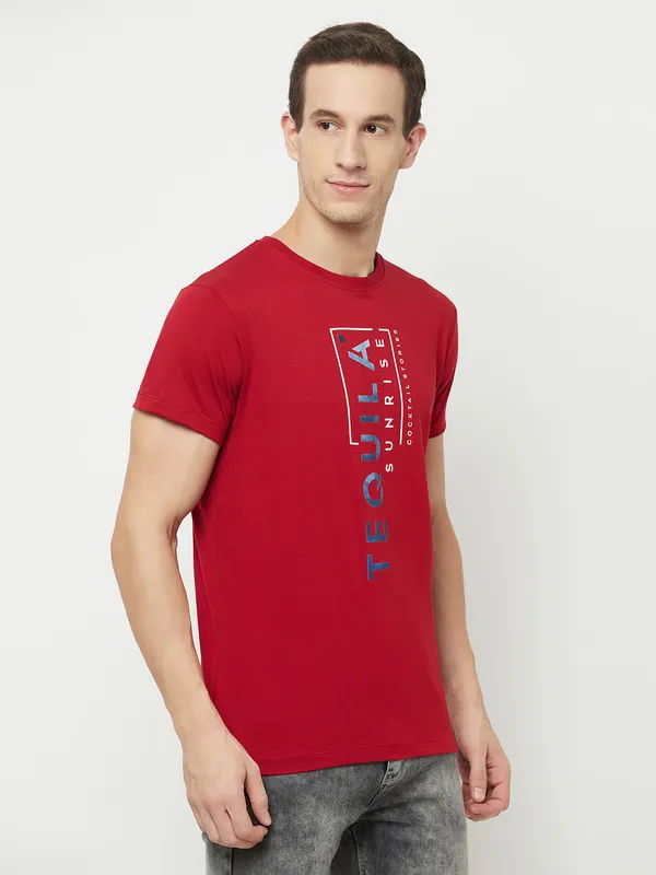 Octave Men Maroon Typography Printed Applique T-shirt
