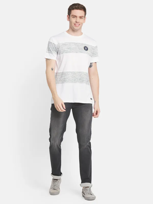 Men White Grey Striped Cotton T-shirt