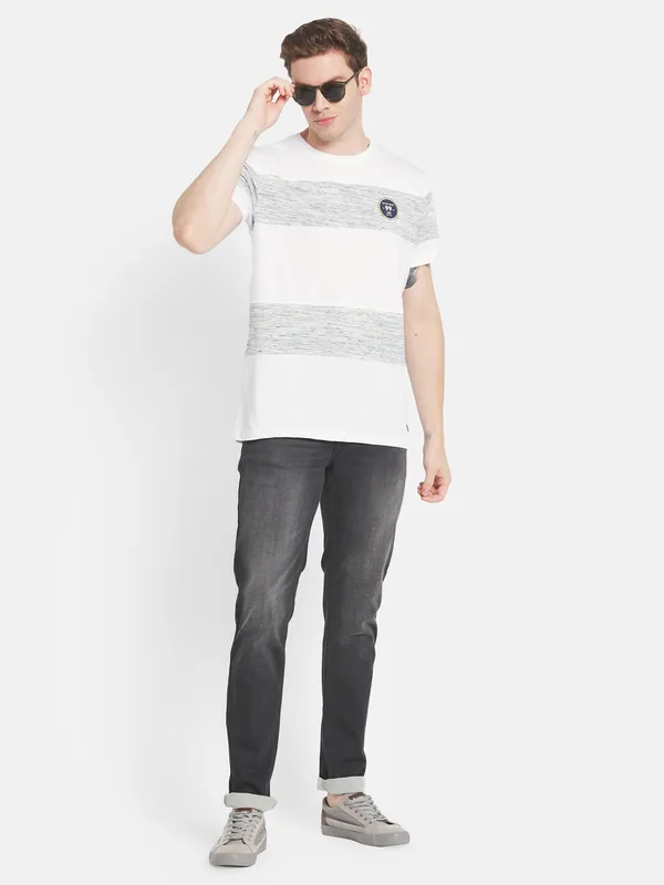 Men White Grey Striped Cotton T-shirt