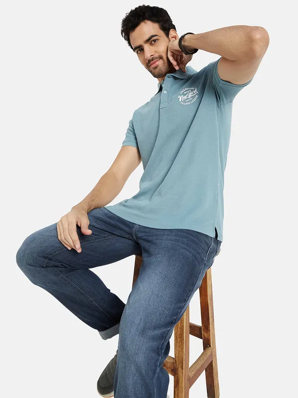Octave Men Blue Polo Collar Applique T-shirt
