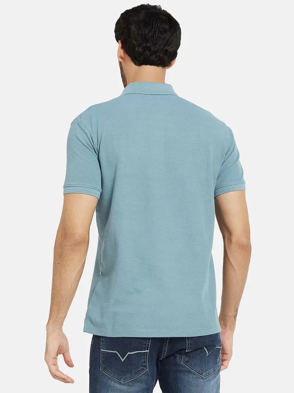 Octave Men Blue Polo Collar Applique T-shirt