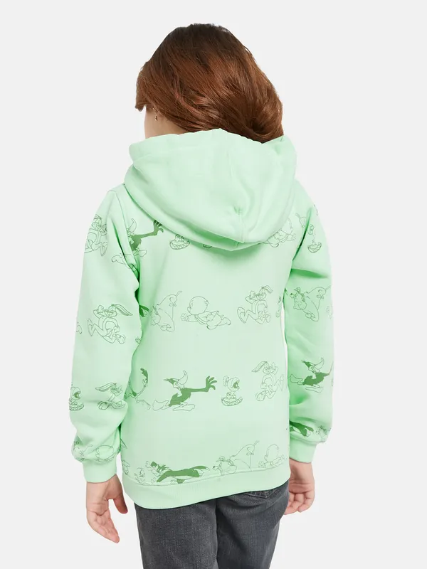 METTLE Girls Green Printed Hooded Sweatshirt