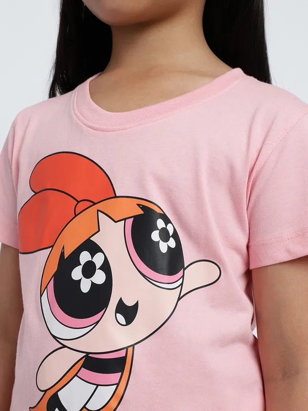 METTLE Girls Humour and Comic powerpuff Girls Printed Cotton T-shirt