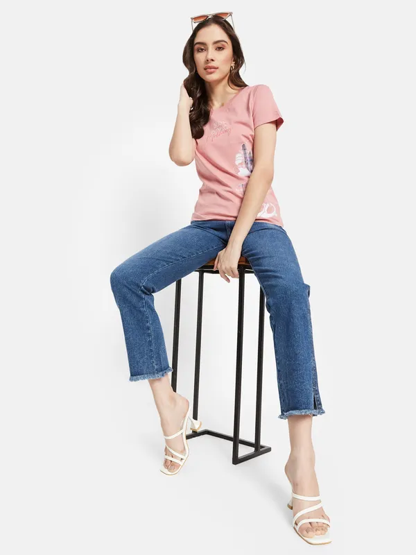 Denim Straight Fit Jeans with Side Slit