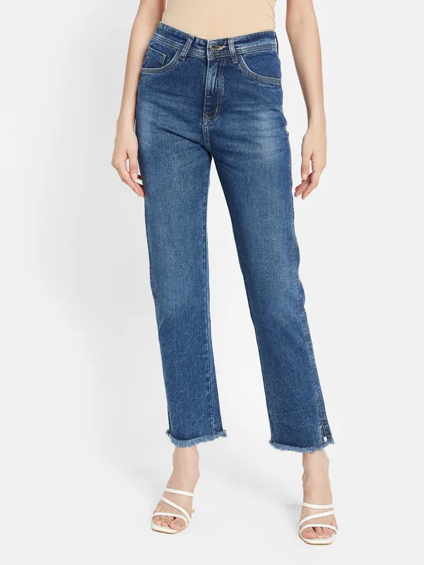 Denim Straight Fit Jeans with Side Slit
