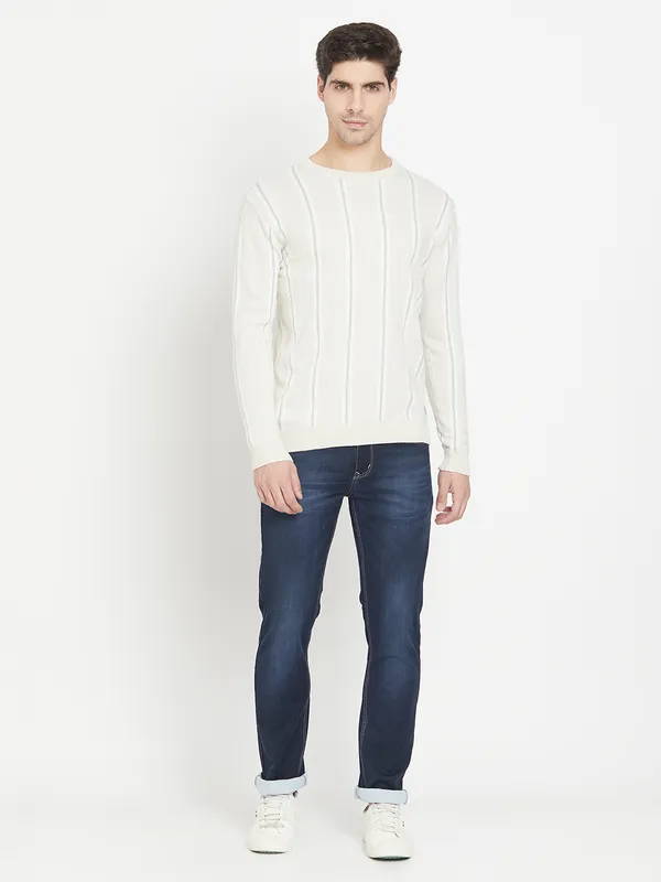 Cream-Coloured Striped Cotton Full Sleeve Pullover Sweater