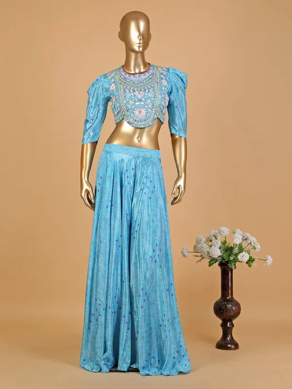 Aqua satin printed palazzo suit