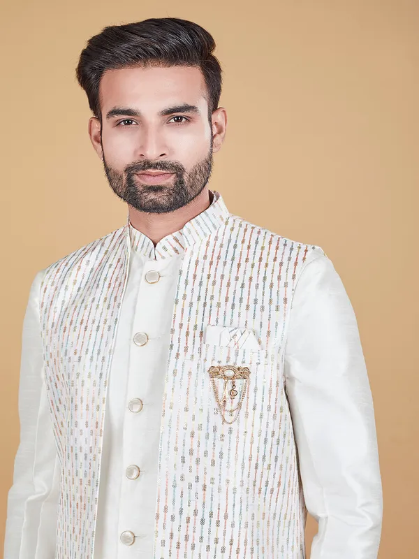 Classy off-white raw silk indowestern