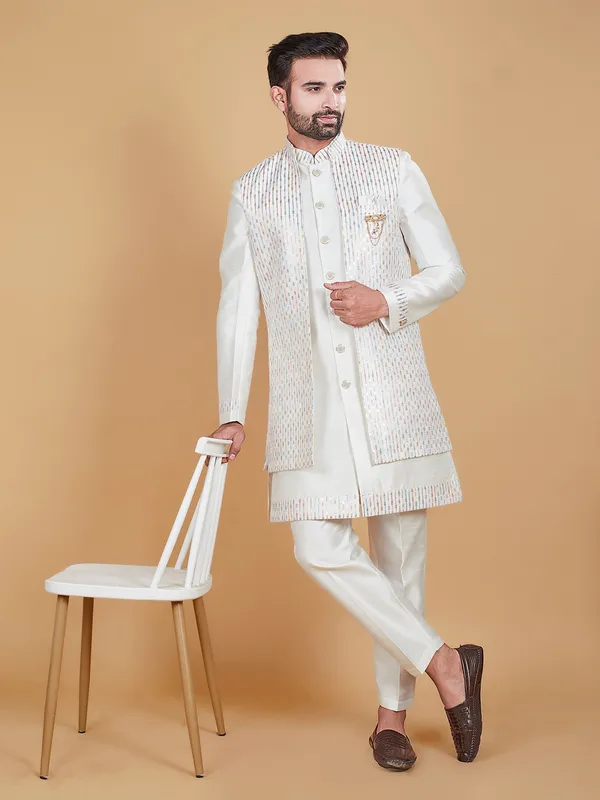 Classy off-white raw silk indowestern