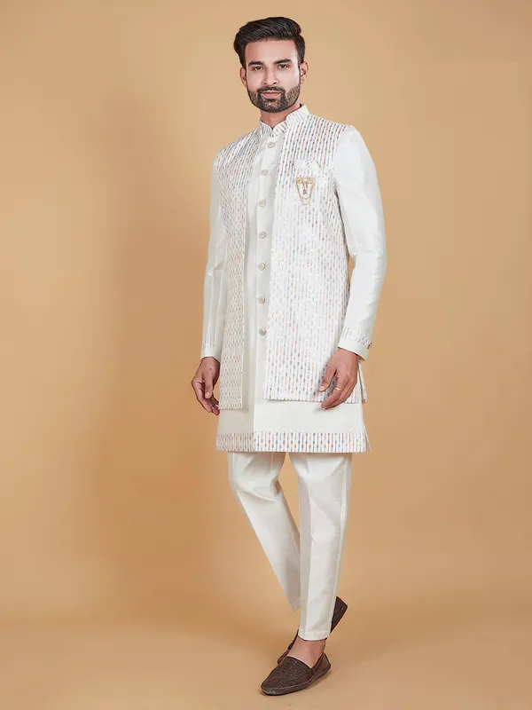 Classy off-white raw silk indowestern