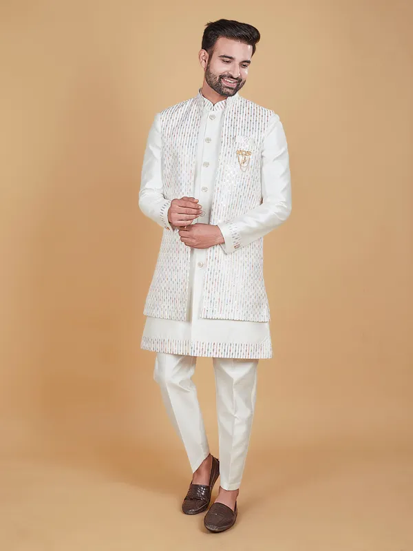 Classy off-white raw silk indowestern