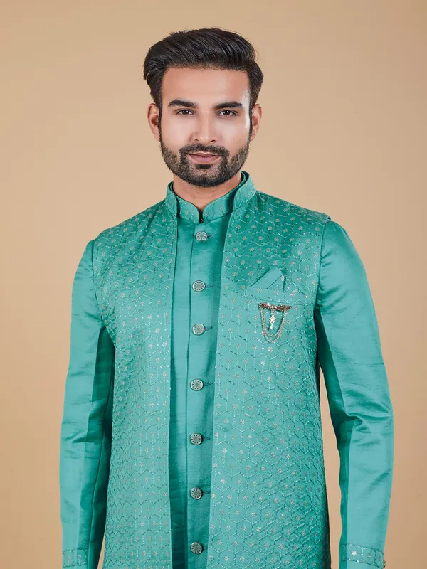 Classy rama green silk indowestern