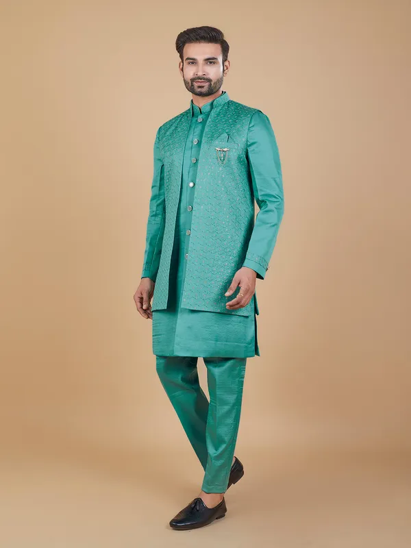 Classy rama green silk indowestern