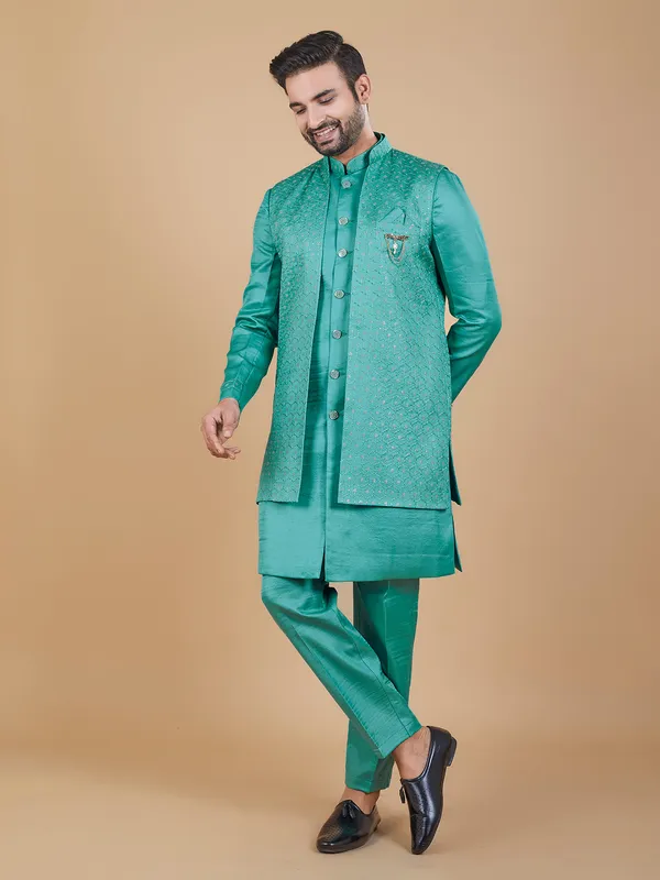 Classy rama green silk indowestern