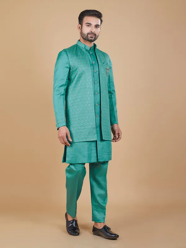 Classy rama green silk indowestern