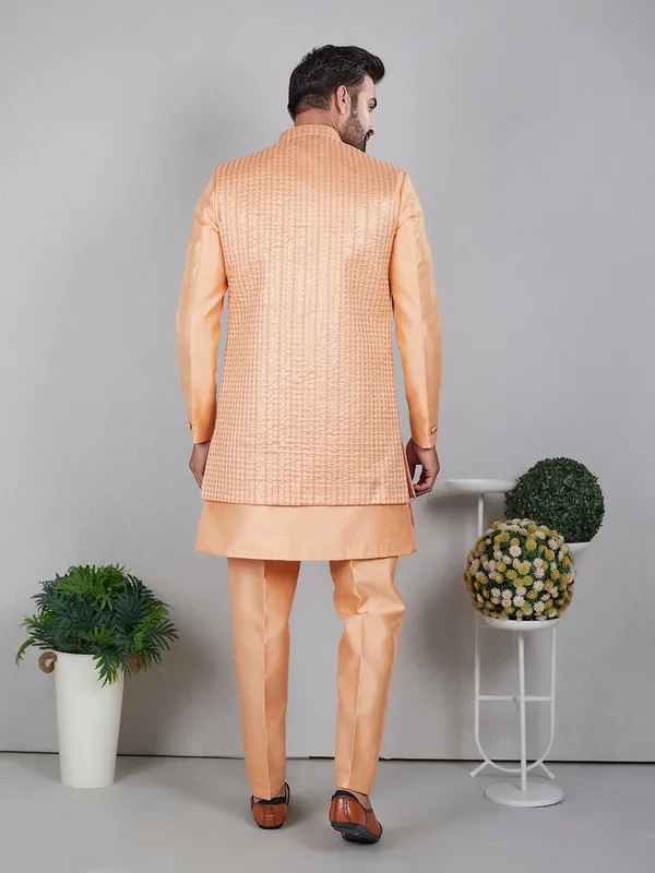 Dazzling peach raw silk indowestern
