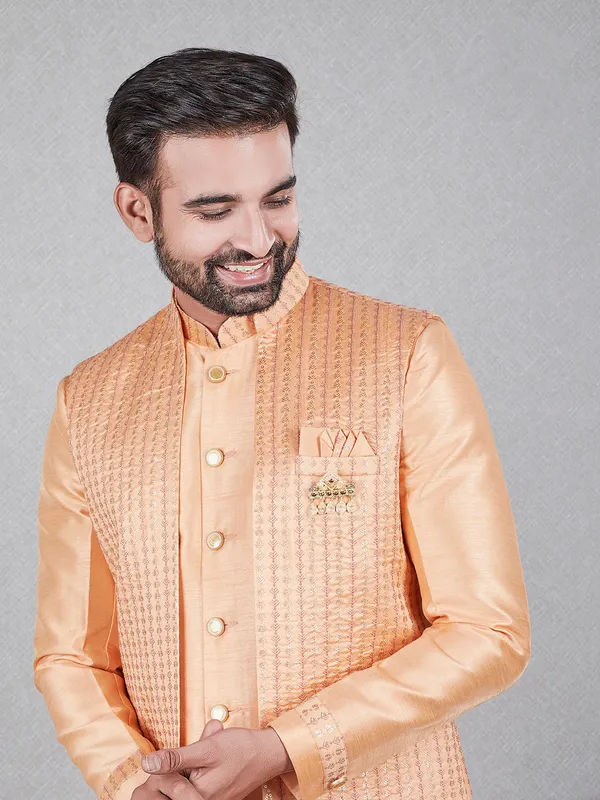 Dazzling peach raw silk indowestern