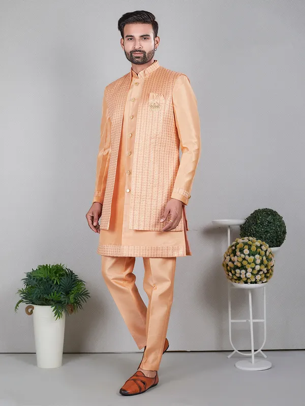 Dazzling peach raw silk indowestern