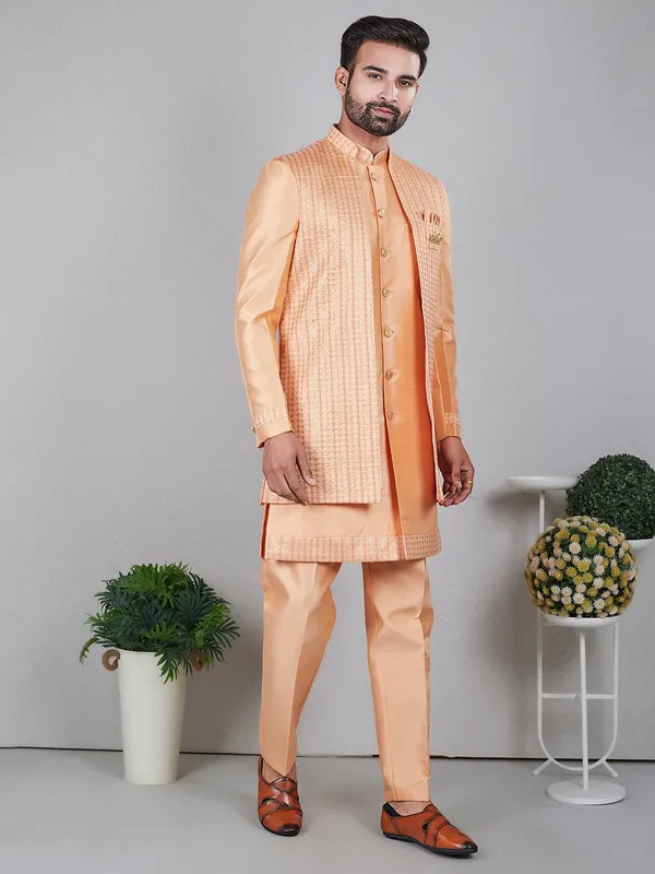 Dazzling peach raw silk indowestern