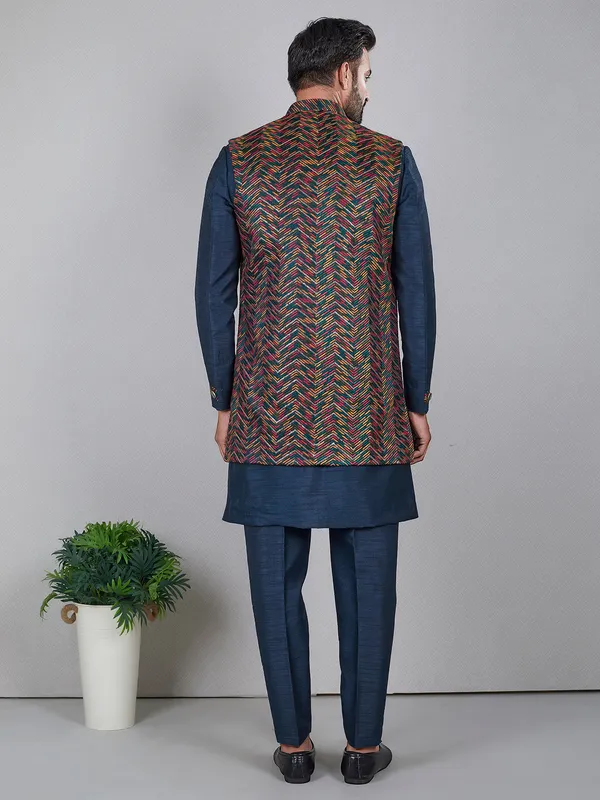 Elegant navy raw silk indowestern