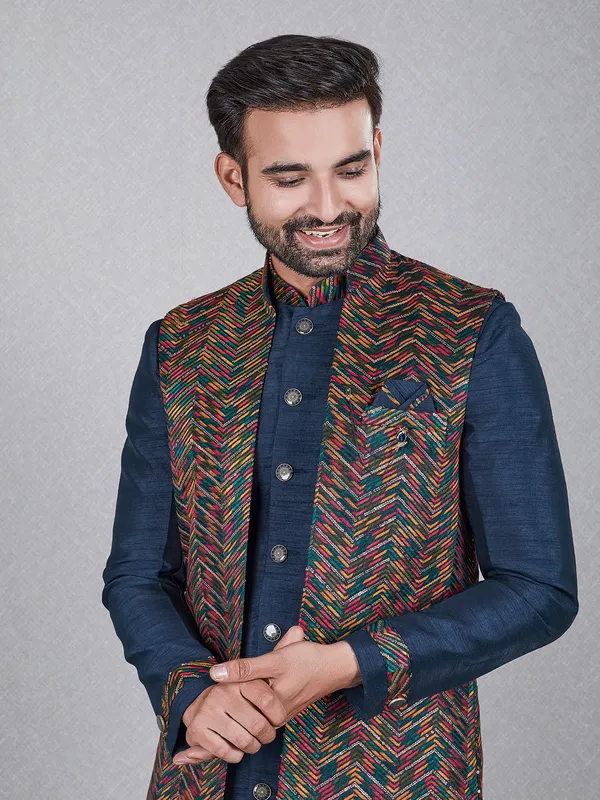Elegant navy raw silk indowestern