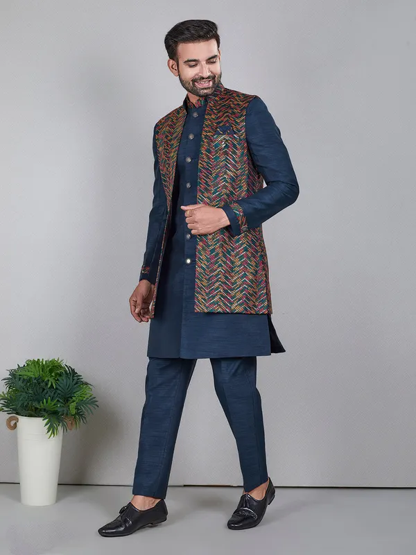 Elegant navy raw silk indowestern