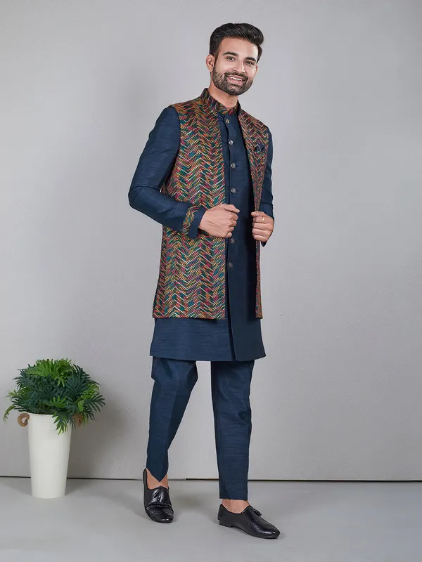 Elegant navy raw silk indowestern