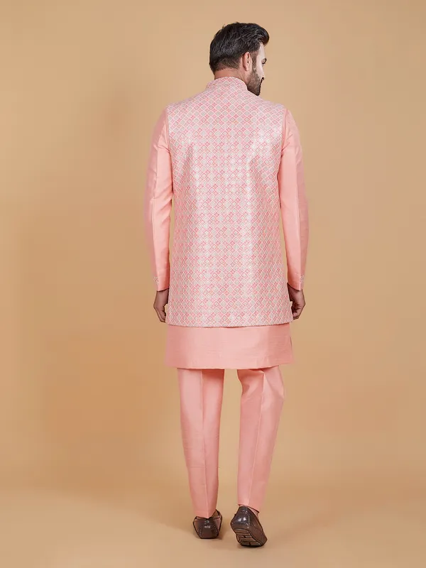 Light pink printed raw silk indowestern