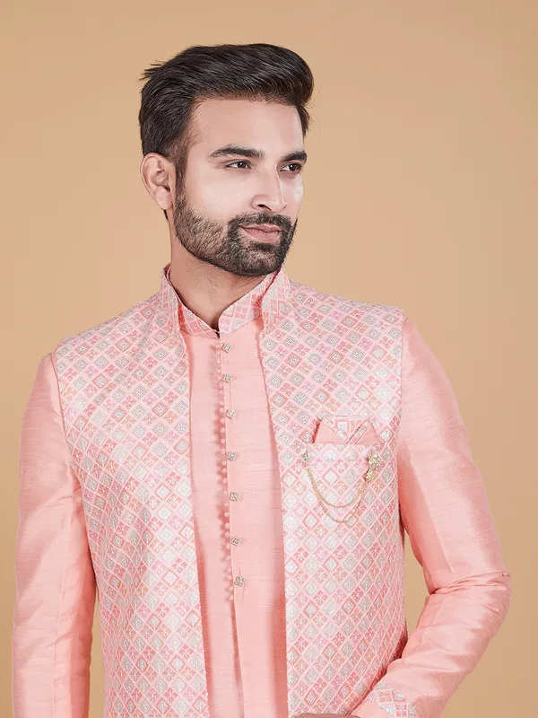 Light pink printed raw silk indowestern