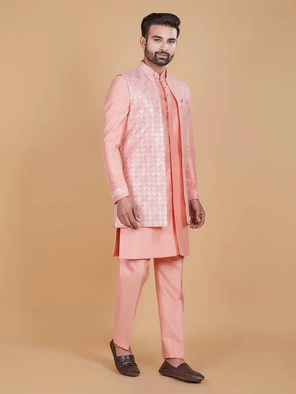Light pink printed raw silk indowestern