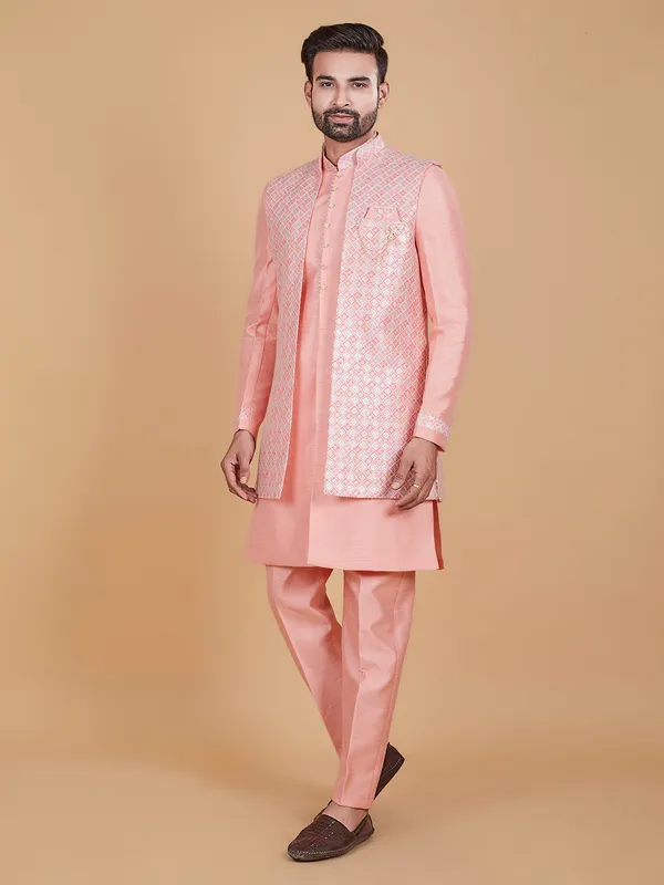 Light pink printed raw silk indowestern