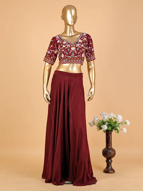 Maroon silk palazzo suit with ruffle dupatta