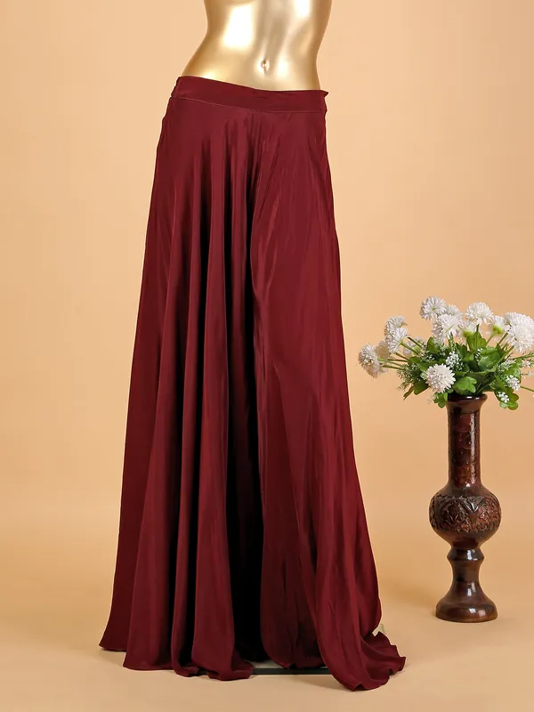 Maroon silk palazzo suit with ruffle dupatta