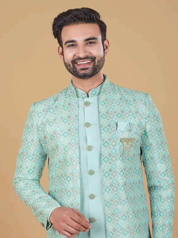 Silk printed mint green indowesternr