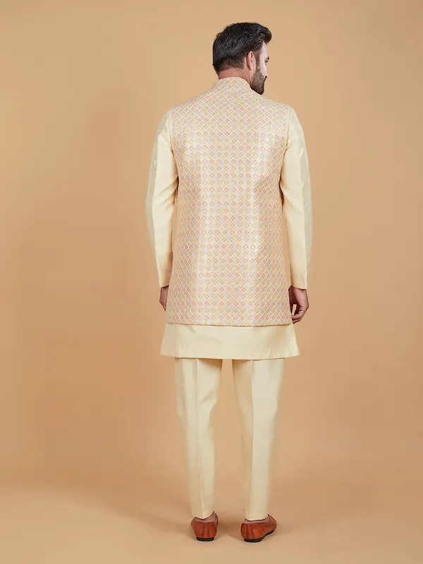 Stunning cream raw silk printed indowestern
