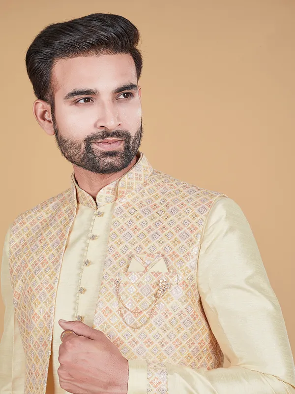 Stunning cream raw silk printed indowestern