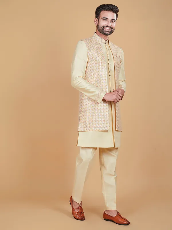 Stunning cream raw silk printed indowestern