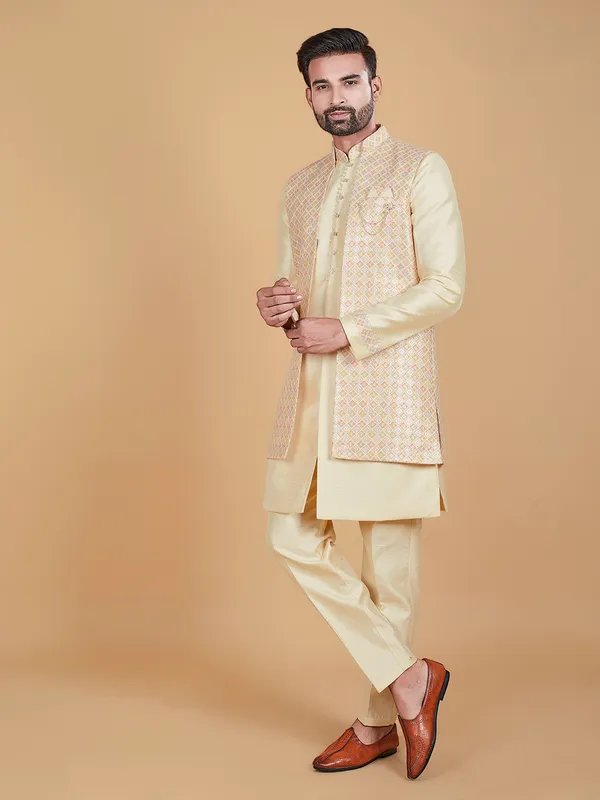 Stunning cream raw silk printed indowestern