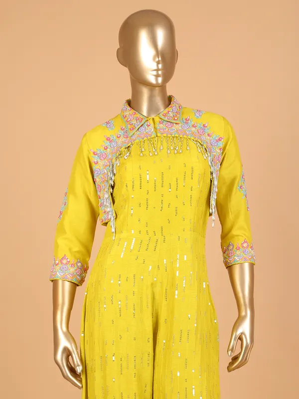 Yellow raw silk jacket style jumpsuit