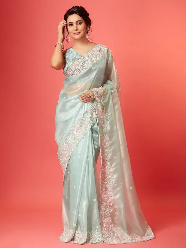 Beautiful sky blue soft organza saree