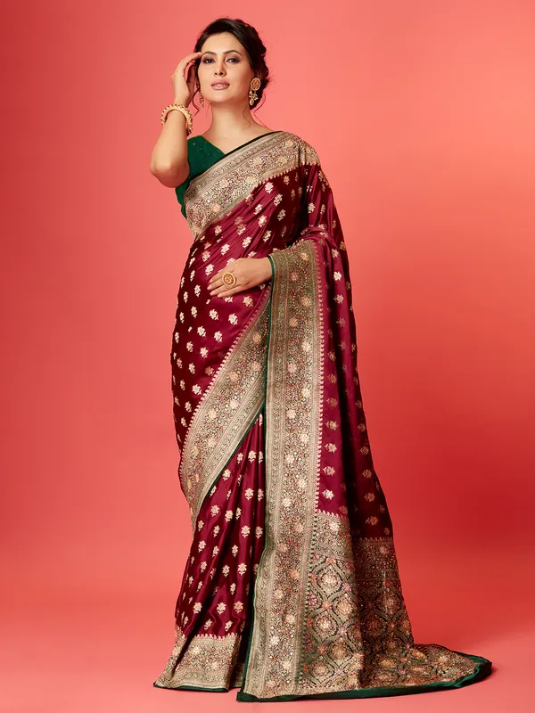 Classic maroon silk saree with contrast border