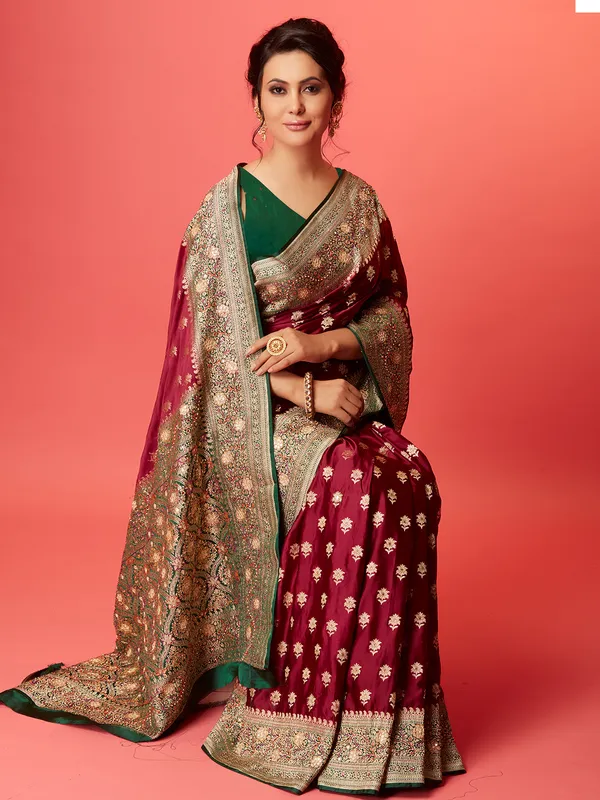 Classic maroon silk saree with contrast border