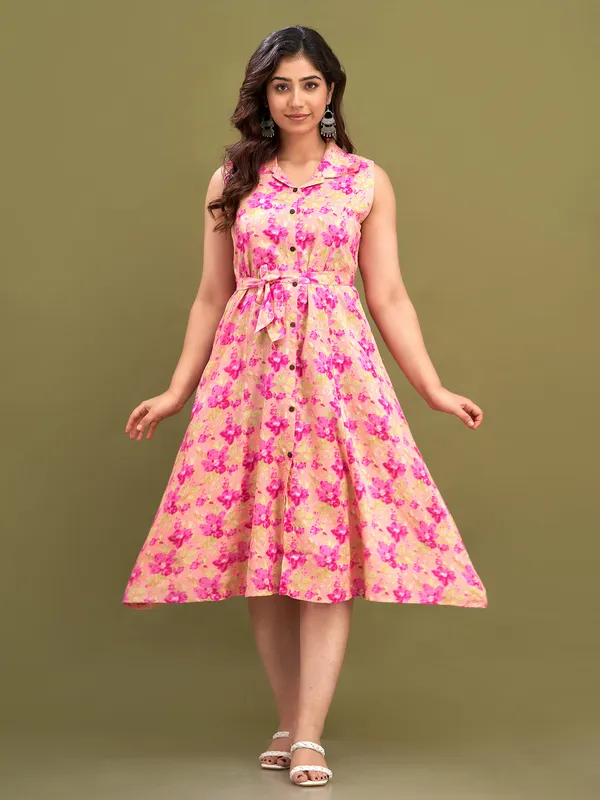 Cotton pink floral print kurti