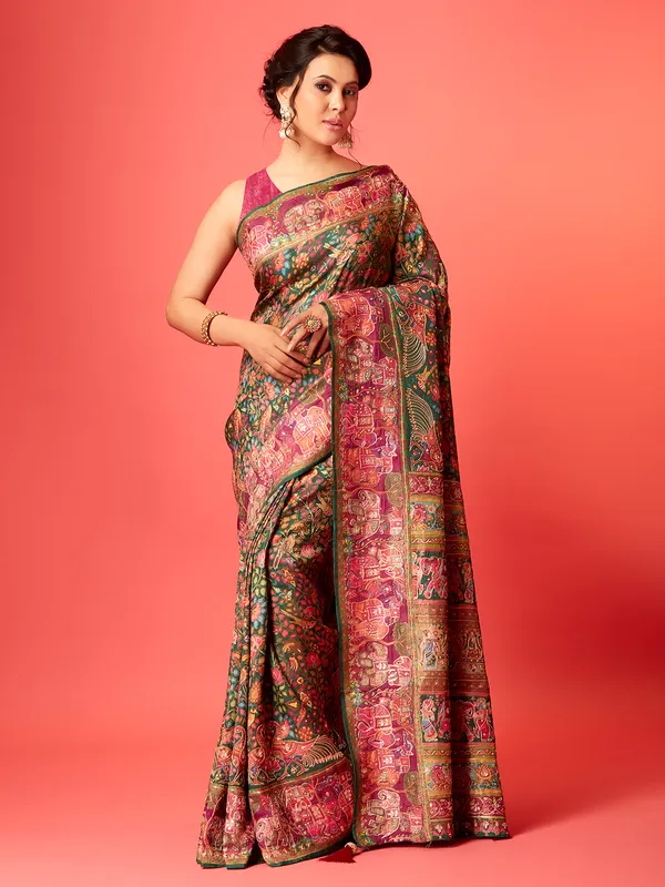 Dark green pashmina silk printed saree